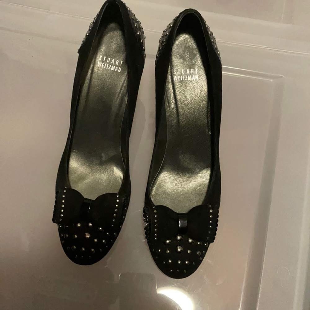 Stuart weitzman 8.5 black suede bow flat heels